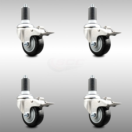 Service Caster 3 Inch 316SS Black Poly Swivel 1-3/8 Inch Expanding Stem Caster Set Lock Brake SCC-SS316TTLEX20S314-PPUB-BLK-138-4